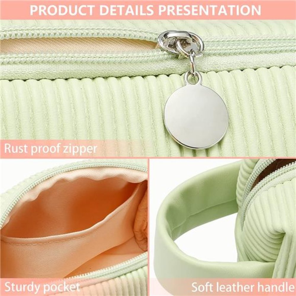 Striped Corduroy Cosmetic Bag, Waterproof Cosmetic Pouch with Handle - Picture 2 of 4